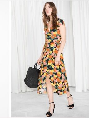 & OTHER STORIES Curved Hem Midi Citrus Wrap Dress size 4